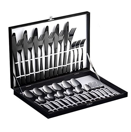 Velaze Besteck Set Schwarz, 18/10 Premium Edelstahl Besteckset 30-teilig, Besteck für 6 Personen mit Geschenkbox, Bestecksets mit Messer, Löffel und Gabel, Spiegelpoliert, Spülmaschinenfest