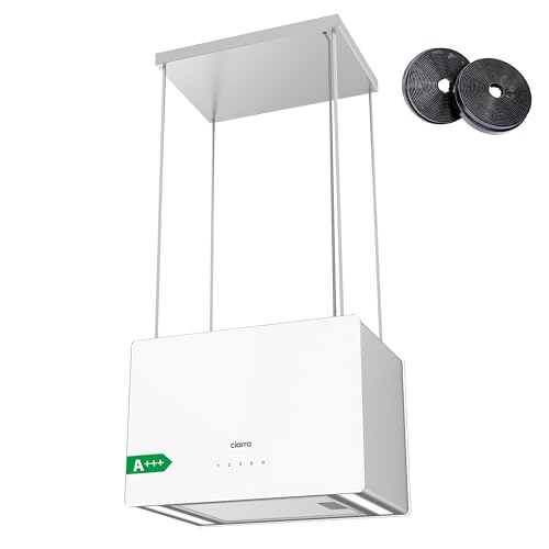 CIARRA CBCS4850 A+++ Inselhaube Umluft Dunstabzugshaube Insel Freihängend 48cm 700m³/h mit Smart Wi-Fi App 4 Stufen Booster Inselabzugshaube CBCF003 Aktivkohlefilter Edelstahl Weiß Glas