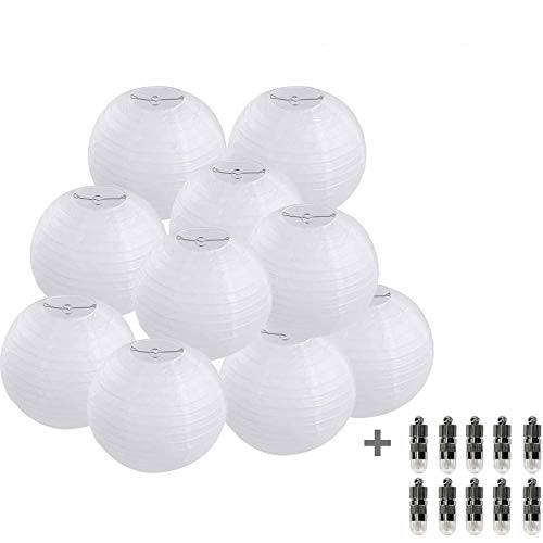 FullBerg 10er 30cm weiß Papierlaterne Lampions mit 10er Warmweiße Mini LED-Ballons Lichter, rund Lampenschirm Hochtzeit Party Dekoration Papierlampen 12"