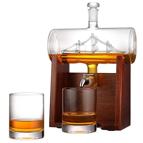 Whisky-Dekanter mit 2 Whiskygläser 320ml, Whiskey-Karaffe 1000ml Bleifreie Whisky Set mit Holzständer und Edelstahlhahn, für Brandy Wein Cognac Rum Gin Scotch, edles Geschenk
