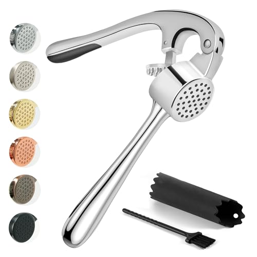 KITESSENSU Knoblauchpresse, Knoblauchschneider Garlic Press Set mit Silikon-Rollenschäler&Reinigungsbürste, Professioneller Effizienter Knoblauch-/Ingwer-Zerkleinerer