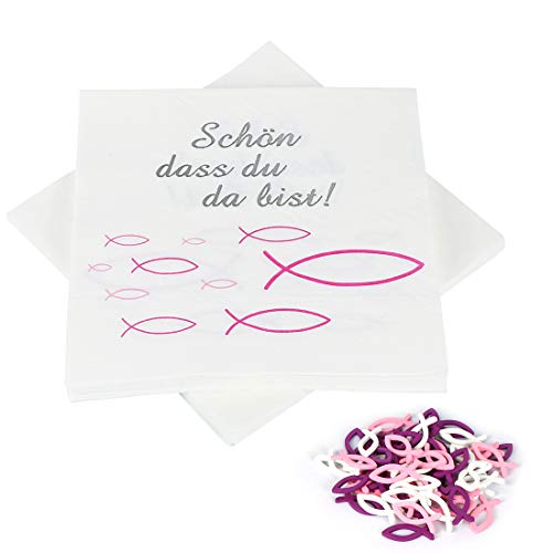 Servietten Fisch Rosa,32 Servietten und 60 Stücke Holz Fische Deko, Taufdeko Mädchen, Kommunion Taufe Tischdeko,Servietten Taufdeko Tisch Deko