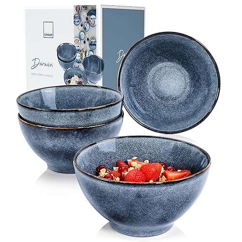 SÄNGER | Müslischalen Darwin 4 tlg, Müsli Schüssel Set 4 Personen, Steingut Bowl Schüssel, Schalen Set Spülmaschinenfest, Bowl Schale Handmade, Schälchen Multifunktional, Müsli Schale Blau | 800 ml