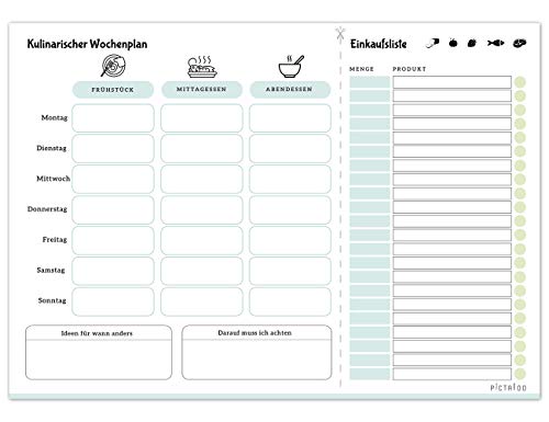 PICTALOO Kulinarischer Wochenplan, Menüplaner & Einkaufsliste in Din A4 mit 50 Blatt, der Essensplaner für die ganze Woche inkl. Platz für Ideen (blau)