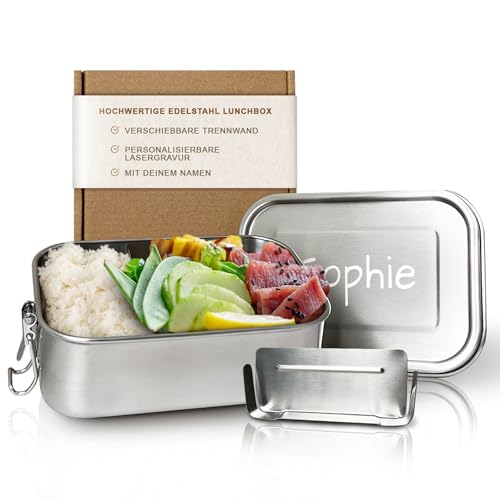 LOOXIS Personalisierte Lunchbox aus Edelstahl mit Namen & Text graviert – 800 ml, inkl. Abtrennung, Auslaufsicher, Bento-Box, Brotdose – Geschenkidee Kinder, Einschulung, Arbeit - M