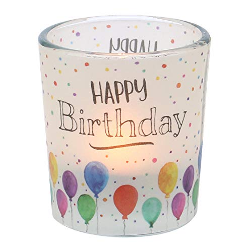 Dekohelden24 Windlichtglas mit Motiv auf Einer transparenten Banderole, inkl. 1 Teelicht, H/Ø: 6,5 x 6 cm, Motiv: Happy Birthday.