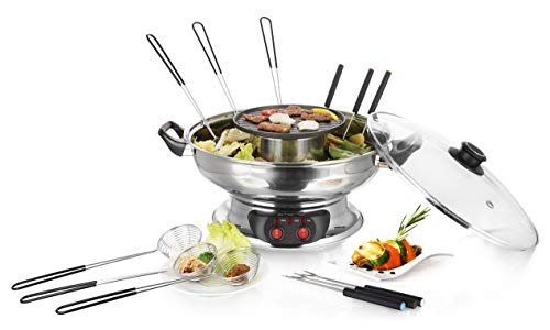 Emerio HPS-121313, Asia Brühe Fondue für Fisch-Fleich-Gemüse, inkl. Grillplatte und Glasdeckel, 4L Kapazität, 2 Heizstufen elektrischer Hot Pot Set, Edelstahl