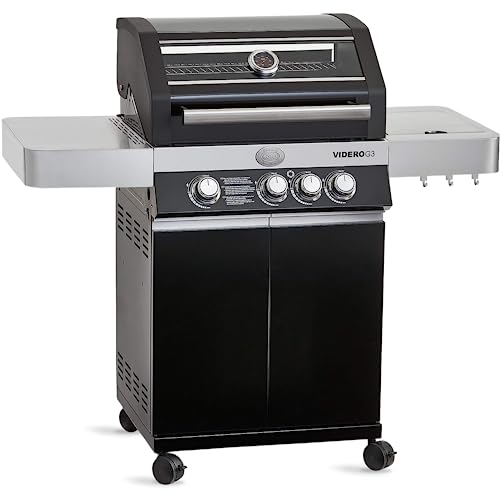 RÖSLE Gasgrill BBQ-Station VIDERO G3 Schwarz, Grill mit 3 Haupt- und 1 Seitenbrenner, Deckel mit Glaseinsatz & Thermometer, beleuchtete Drehknöpfe, pulverbeschichteter Stahl schwarz