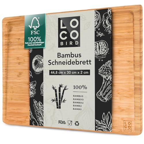 Loco Bird Schneidebrett mit Saftrille - 44,8x30x2 cm - großes Holzbrett aus Bambus für die Küche - Beidseitiges Holzschneidebrett - Cutting board