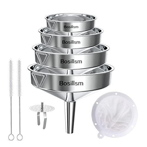 Bosillsm 4 Stück Edelstahl Trichter Set, marmeladentrichter Edelstahl Küche Strainer Trichter mit Abnehmbarem Sieb +Reinigungsbürste für die Übertragung von Flüssigen Zutaten11