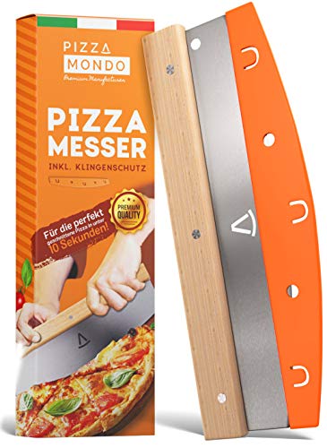 Pizza Mondo® Pizzaschneider - Profi Pizzamesser (Pizza Cutter) effektiver als Pizzaroller | Premium Pizza Wiegemesser aus Edelstahl 32cm mit Holzgriff | Schnelles und gleichmäßiges Schneiden