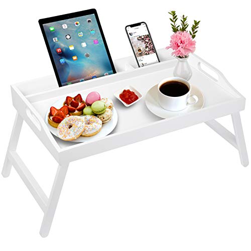 Betttablett mit Griffen,klappbare Beine, Bambus-Frühstückstablett mit Handy/Tablet-Halter Serviertabletts zum Essen auf dem Bett (White)