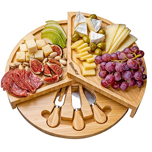 Bambus Käsebrett mit Käsemesser Set – 37cm Rund Servierplatte aus Holz für Käse und Häppchen – Drehplatte Servierbrett aus Holz Käseplatte Drehbar – Cheese Board Charcuterie Board – Geschenke Idee