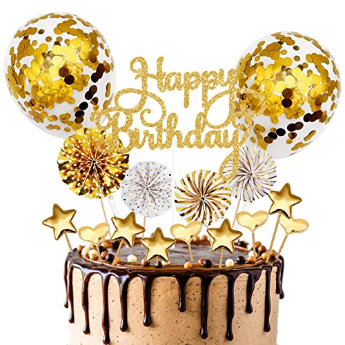 17 Stück Tortendeko Gold,Tortendeko Geburstagstorte,Happy Birthday Kuchendeko,Glitter Cake Topper Happy Birthday,Cupcake Topper mit Sternen Liebe Konfetti-Luftballons und Papierfächer