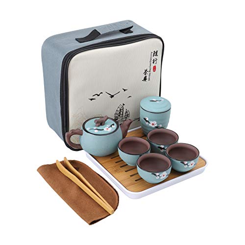 fanquare Japanisches Tragbare Reise Kung Fu Tee Set,Kirschblüte Zisha Tee Service für Erwachsene, 1 Teekanne, 4 Teetassen und 1 Teekanister mit Reisetasche