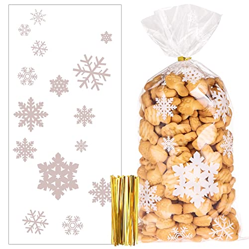 100 Stück Schneeflocke Weihnachten Plätzchentüten, Cellophantüten Transparent Candy Bar Süßigkeiten Tüten mit Twist Krawatten für Bonbon Plätzchen