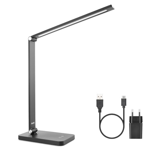 mafiti Schreibtischlampe LED Dimmbar Tischlampe 5 Farb und 3 Helligkeitsstufen, Augenfreundliche Nachttischlampe, USB Kabel mit EU Stecker für Leser, Kinder, Büro-Schwarz