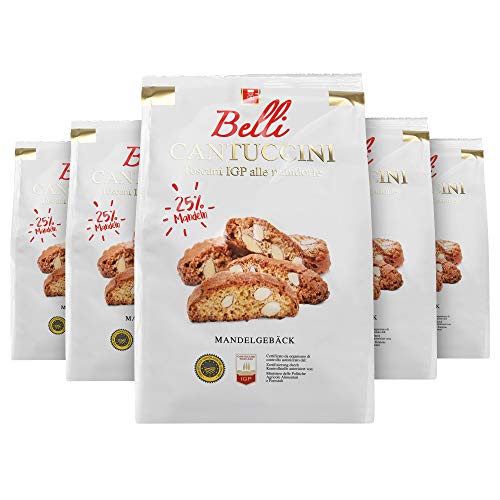 Belli Cantuccini 5er Pack alle mandorle (5x 250g) | Mandelgebäck aus Italien | Keks mit Mandeln | insgesamt 1250g Gebäckstücke