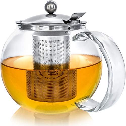 Teabloom Classica Teekanne für jeden Tag - Herdplattensichere Teekanne aus Glas - 1200ml Fassungsvermögen - Herausnehmbares Tee-Ei aus Edelstahl