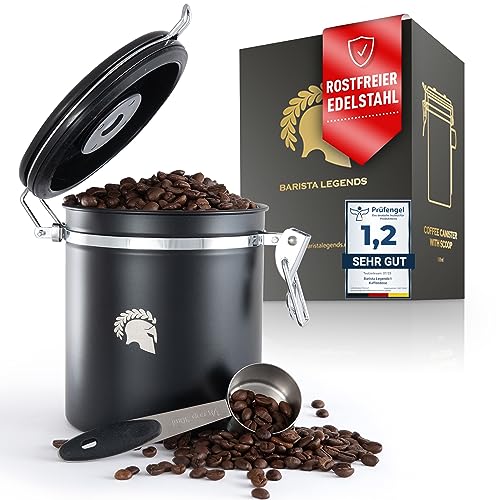 Barista Legends® Kaffeedose luftdicht 500g schwarz - Kaffeebohnen Behälter für den Aromaschutz Ihres Kaffees - Vorratsdose aus Edelstahl mit ewigem Kalender.