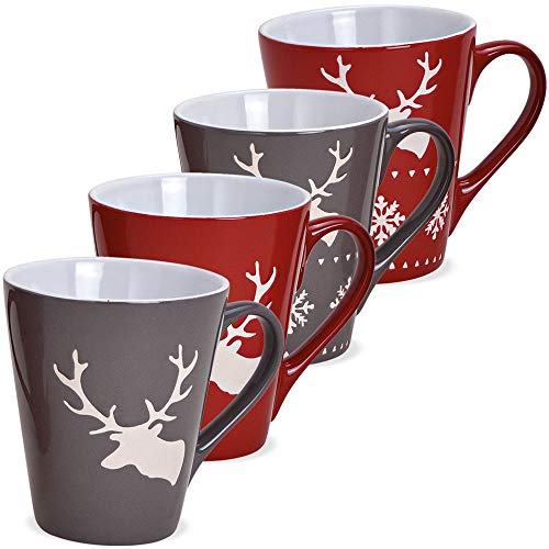 Tassen 4er Set Xmas in grau und rot - Amerikanische Keramik Kaffeebecher als Weihnachtstassen in 10 cm - Hirsch Dekor Kaffeetassen für Weihnachten spülmaschinenfest und mikrowellengeeignet