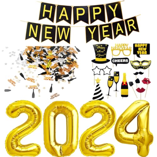 Silvester Deko 2025 Dekoration Set, Neujahr Silvesterdeko, Happy New Year Girlande + Folienballons + Fotorequisiten Masken Konfetti. Neujahrsdeko/Silvesterpartydeko Accessoire für Silvesterparty