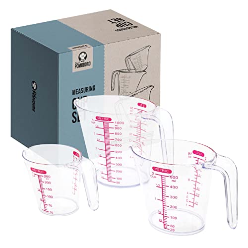 Chef Pomodoro Messbecher – Messbecher 1l, 500ml, 250ml – 3er Messbecher Set aus hochwertigem bruchfestem & BPA freiem Kunstoff – Transparent – Messbecher für die Küche - Perfektes Back Zubehör