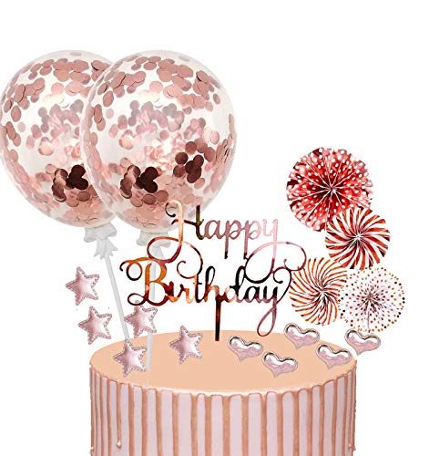 17 Stück Tortendeko Geburstagstorte, Happy Birthday Kuchendeko, Glitter Cake Topper, Rose Gold, Cupcake Topper mit Sternen Liebe Konfetti-Luftballons und Papierfächer