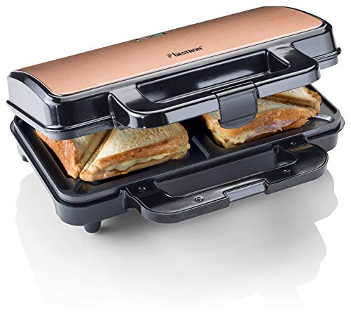 Bestron XL Sandwichmaker, Antihaftbeschichteter Sandwich-Toaster für 2 Sandwiches, inkl. automatischer Temperaturregelung & Bereitschaftsanzeige, 900 Watt, Farbe: Schwarz/Kupfer