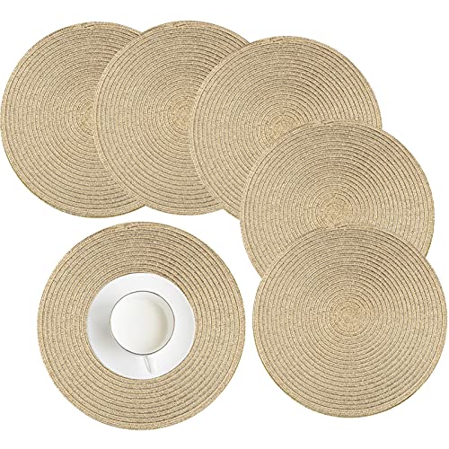 HEYOMART 6er Set Platzsets Rund Geflochtene Tischsets Abwaschbar Gold Rund Platzsets Waschbar Hitzebeständig Platzdeckchen Weihnachten für Hochzeit, Fest, Küche, Dekor - 38cm