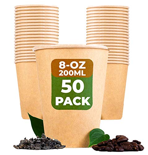 BEELEEVE [50-Pack] to-Go-Kaffee und Teebecher Kompostierbar - Öko - Biologisch abbaubar - Einweg-Einwegbehälter für Büro, Party, Hochzeitsgetränke - Braunes Kraftpapier, PLA-Beschichtung(200ml/8oz)