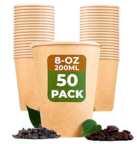 Beeleeve [50-Pack to-Go-Kaffee und Teebecher Kompostierbar - Öko - Biologisch abbaubar - Einweg-Einwegbehälter für Büro, Party, Hochzeitsgetränke - Braunes Kraftpapier, PLA-Beschichtung(200ml/8oz)