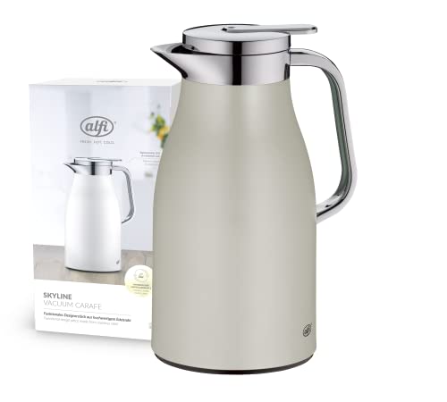 alfi SKYLINE 1,0l, silver lining, Edelstahl-Isolierkanne mit hygienischem Hartglaseinsatz, Drehverschluss mit bequemer Drucktaste, ergonomischer Griff, ideal als Kaffeekanne, Teekanne