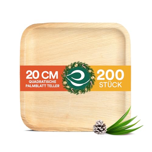 ECO SOUL 100% kompostierbare 20 cm, quadratische Palmblatt Teller [200 Stück] |Premium Palmblatt Geschir | Robuste, Einweg Teller wie Bambus | Quadratische Bio Einweg Teller
