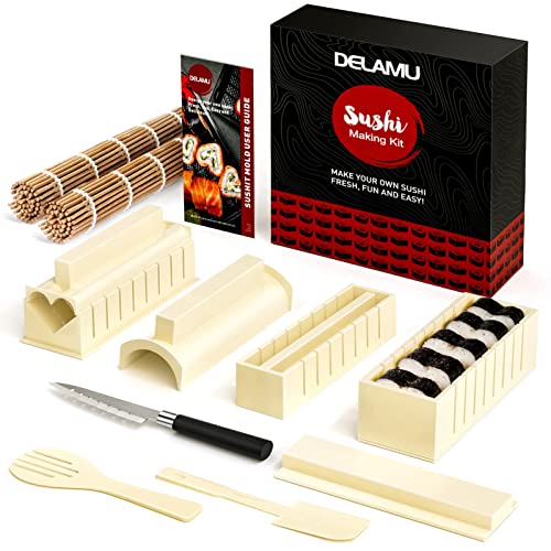 Delamu Sushi Making Kit, Sushi Maker für Anfänger, 8 Formen DIY Sushi Selbst Machen Set,13 in 1 DIY Selber Sushi Matte Set mit hochwertigem Sushi Messer