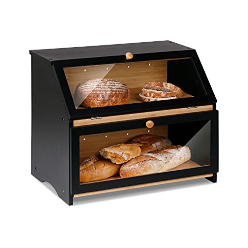 Leader Accessories Bambus Brotkasten 2 Etagen Brotbehälter lebensmittelecht Brotaufbewahrung pflegeleicht 39x25x32cm Schwarz