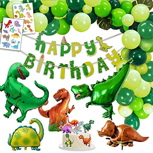 Dinosaurier Geburtstagsdeko Junge Kindergeburtstag Geburtstag Deko Party mit Happy Birthday Girlande, 2 Riesige Dinosaurier, 3 XXL Dino Ballons, 2 Set Tattoos, 6 Tortenaufsätze, 30 Luftballons
