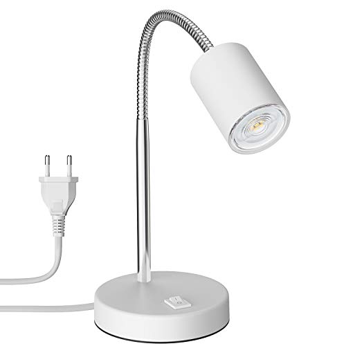 ledscom.de Tischleuchte WAIKA mit Schwanenhals und Schalter weiß matt, inkl. GU10 LED Lampe (warmweiß, 5,4W, 510lm, 50°)