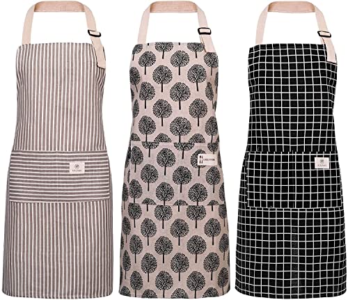 Veraing 3 Stück Schürze, Baumwolle Leinen Kochschürze Wasserdicht Verstellbare Küchenschürze mit Taschen Damen und Männer zum Kochen oder Backen beige