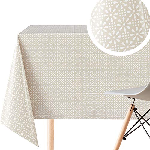 Elegante Wachstuchtischdecke Beige Retro Weiß Blumendruck, Abwischbare PVC Wachstuch Rechteckige 200 x 140 cm - Blumen Wachstischdecke Pflegeleicht Creme Vinyl-Kunststoff Tischdecke Wasserdichtes