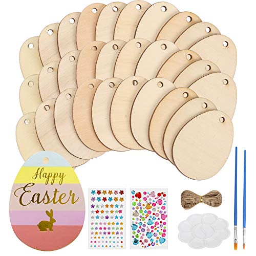 LOPOTIN 56TLG Holz Ostereier zum Bemalen Set Ostern Eier Holzscheiben mit Loch zum Aufhängen Easter Eggs 50 Oval Scheiben mit Hanfseil Strass Selbstklebend Basteleier für Draussen Innen Frühlingsdeko