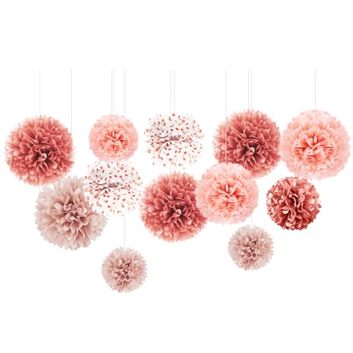 NICROLANDEE Seidenpapier Pompons für Hochzeits Dekorationen, 12 Stück Roségold Pompons Deko für Valentinstag, Babypartys, Geburtstage, Brautpartys, Junggesellinnenabschied