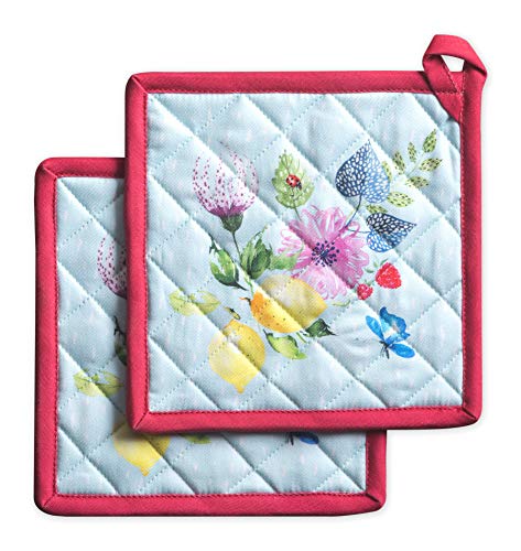 Maison d' Hermine Topflappen 100% Baumwolle Ostern hitzebeständig Set mit 2 Topflappen (20cm x 20cm) Hot Pads mit Schleife zum Grillen, Kochen, Grillen, Jardin D'Ete - Mint – Frühling/Sommer