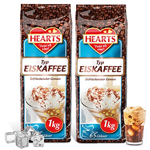 HEARTS Eiskaffee 2 x 1 kg, 65 Tassen pro Beutel, Vorteilspack, Ice Coffee, Erfrischender Genuss, Sommergetränk, Instant Kaffee, Koffeinhaltig, Schnelle Zubereitung, Kaltgetränk, Löslicher Bohnenkaffee