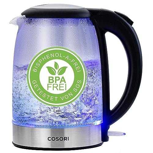 COSORI Wasserkocher Glas mit Upgrade Edelstahl Filter und Innendeckel, BPA Frei, 1,7 Liter, Kettle mit blau LED, Trockenaufschutz, 2200 Watt, Schnelles Aufheizen