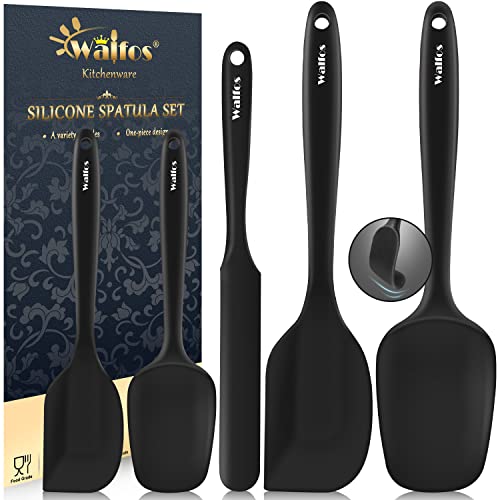 Walfos Silikon Spachtel, Hitzebeständige bis 600°F, Antihaft-Küchenbackwerkzeuge Silikon Spatel Set mit Metallkern Ideal für Kochen und Backen (5 Stück Schwarze Spatel)