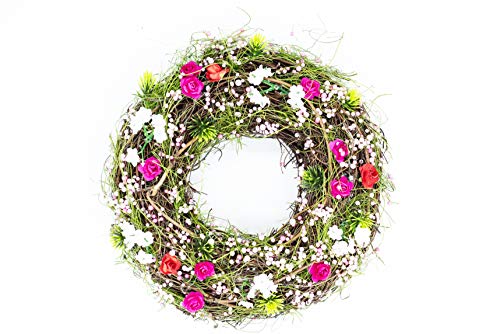 HEITMANN DECO - Wandkranz mit Blumen, grün/pink, Frühlingsdeko - ca. 25 x 25 x 7 cm