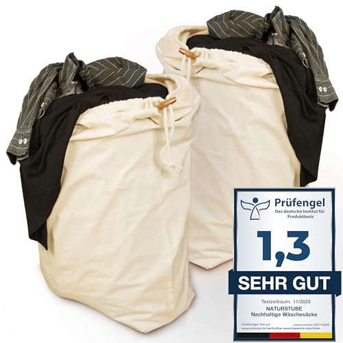 Naturstube® Wäschesack, 2er Set 50 x 70 cm - Strapazierfähige 45l Wäschebeutel Reise, 100% Baumwolle [Öko-Tex zertifiziert], Wäschesäcke, Stoffbeutel Groß, Laundry Bag, Schmutzwäschebeutel Reise