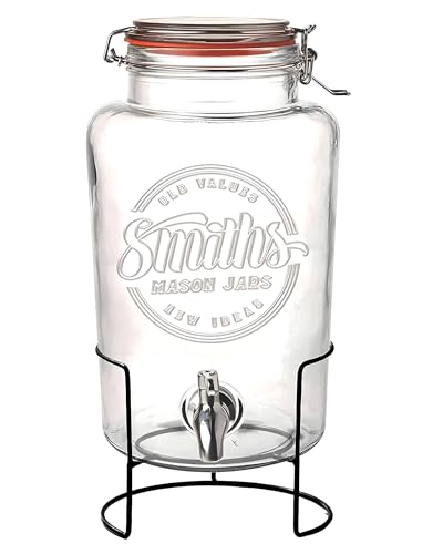 Smith's Mason Jars 5 Liter Getränke oder Wasserspender mit Edelstahl-Zapfenhahn, herausnehmbaren Netzfiltern und Metallständer | Ideal für Limonade, DIY Getränke, frisches Obst und Kräuter