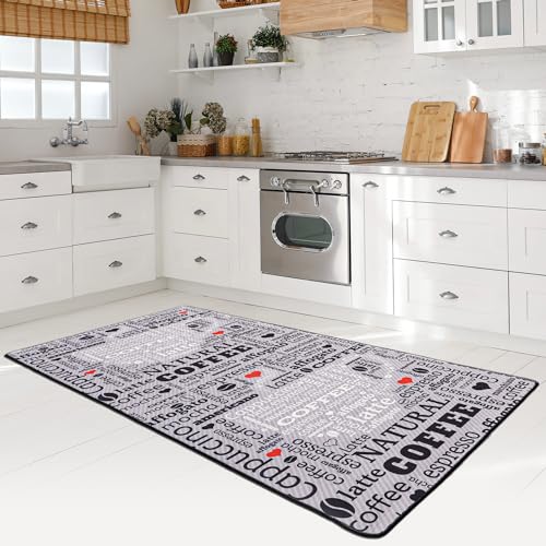 miqna Küchenteppich, Küchenläufer 80x200, Küchenteppich Waschbar rutschfest, Teppich Küche, Coffee Macchiato Design(Grau, 80 x 200 cm)